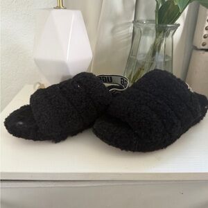 UGG Black Fuzzy Shearling Slide with Branded Strap